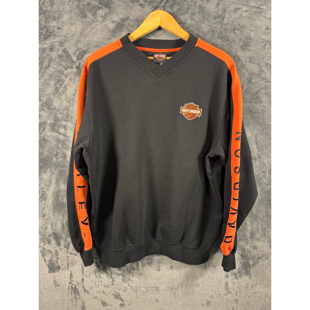 Y2K 08 Harley-Davidson Striped Sleeve Spell Out V-Neck Sweatshirt Medium BLK/ORG